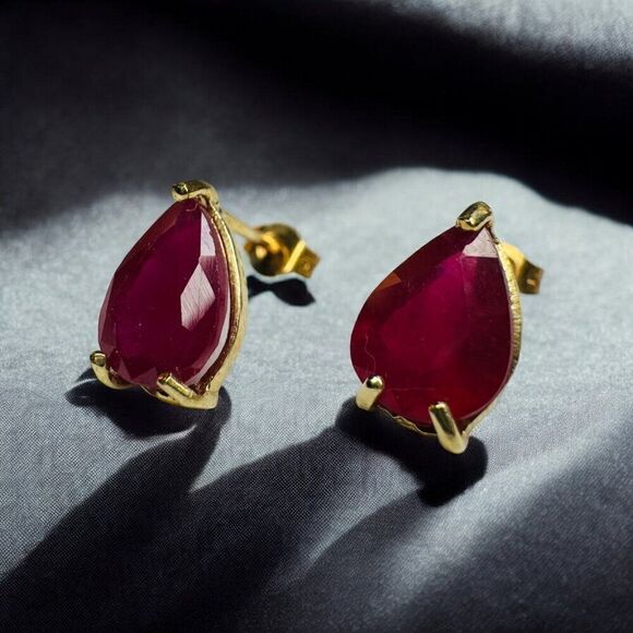 10k Gold Ruby Earrings Natural 2.8 CTTW Pear Cut Earth Mined Ruby Stud Earrings - Picture 3 of 16